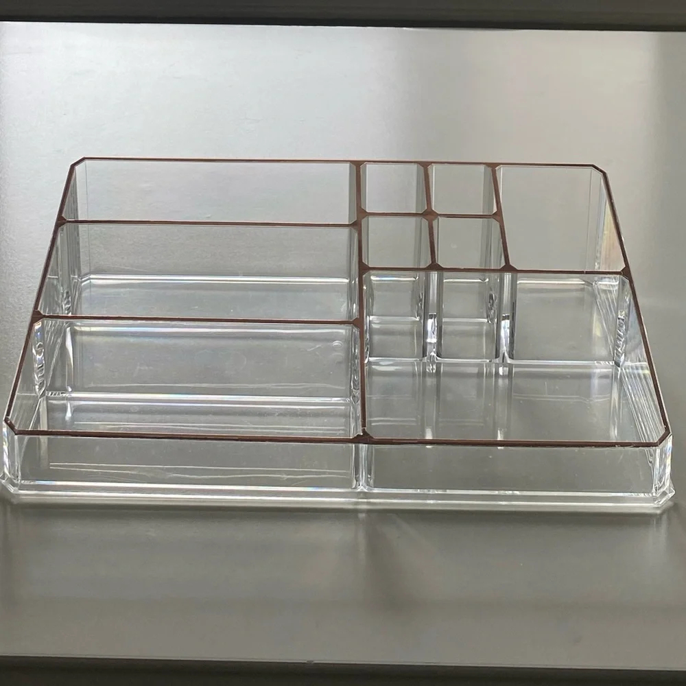 Large Clear Acrylic Makeup or Desk Organizer with Rose Gold Accents 11